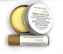 Load image into Gallery viewer, organic lemon mint scented lotion bar and lip balm
